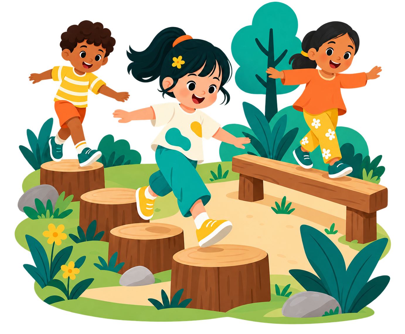 WonderBunch illustration of children balancing and moving outdoors