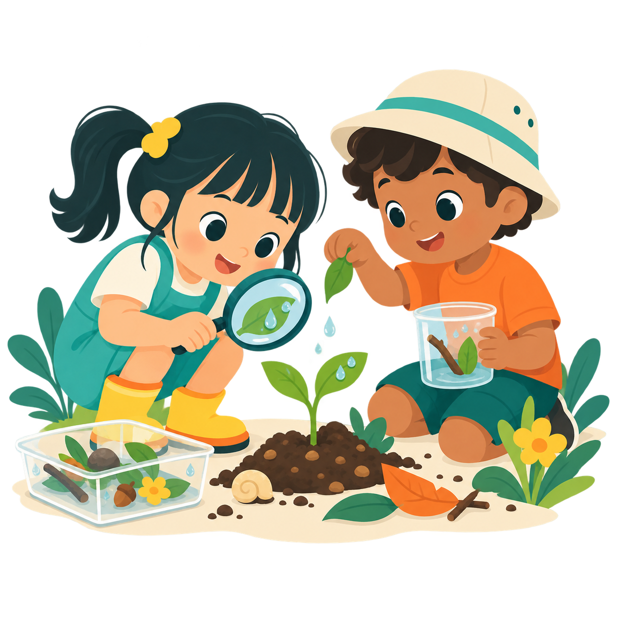 WonderBunch illustration of children investigating a plant and water